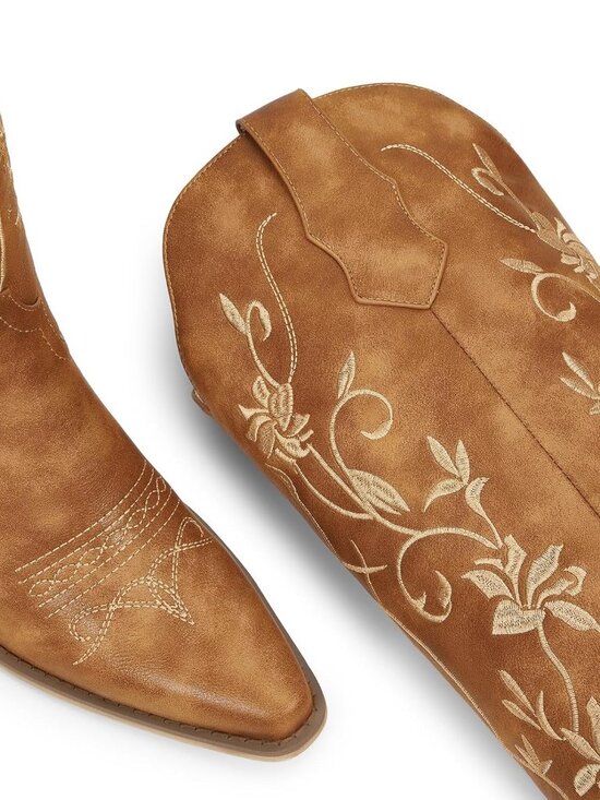 Women's Brown Cowboy Boots Knee High with Pointed Toe Chunky Heel Retro Floral - Picture 5 of 6